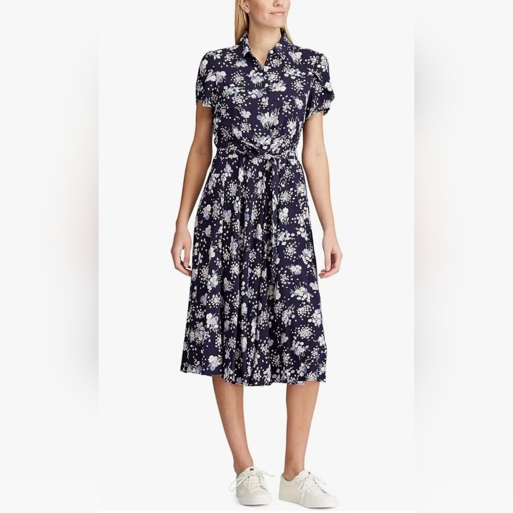 Chaps Ralph Lauren Navy And Purple Floral Midi Dress Size 4